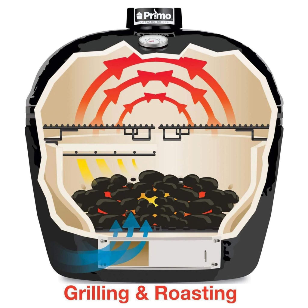 Primo Oval Large 300 All-In-One Ceramic Kamado Grill W/ Cradle, Side Shelves & Stainless Steel Grates [PGCLGC] (SAK21293) - Saksby Wholesale - Air and Heat Flow View