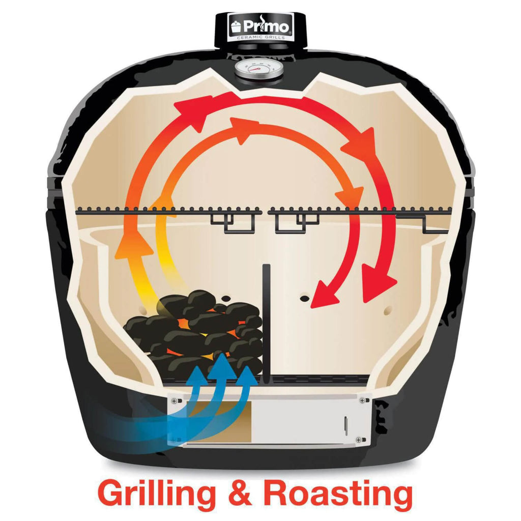 Primo Oval XL 400 Ceramic Kamado BBQ Grill W/ Stainless Steel Grates [PGCXLH] (SAK23100) - Saksby Wholesale - Specifications View With Charcoal Partition