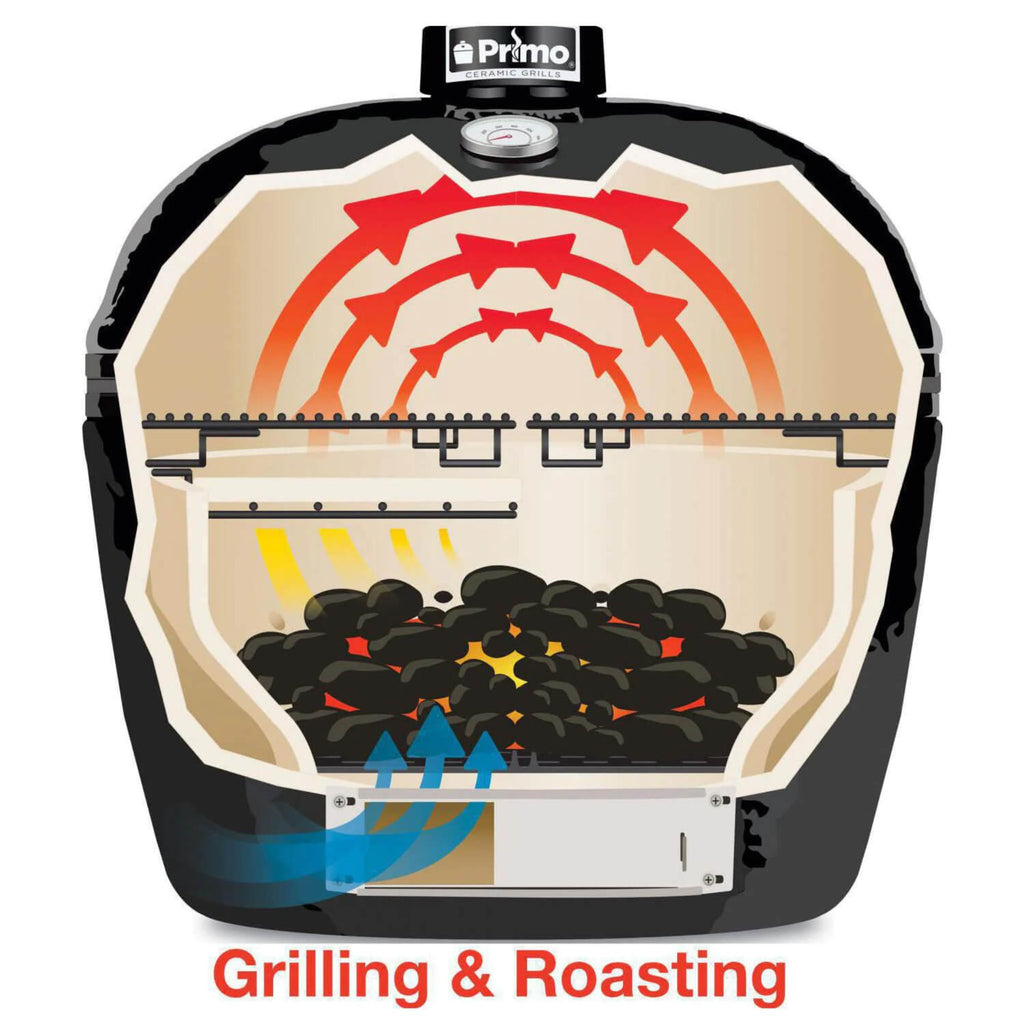 Primo Oval XL 400 Ceramic Kamado BBQ Grill W/ Stainless Steel Grates [PGCXLH] (SAK23100) - Saksby Wholesale - Specifications View With Grill Divider