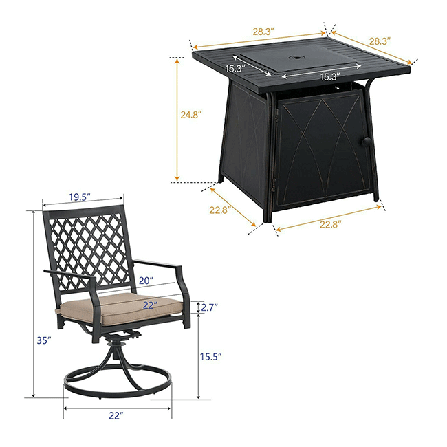 SOPHIA & WILLIAM Outdoor Gas Fire Pit Table Set W/ Cushioned Swivel Dining Chairs, 5PCS - SAKSBY.com - Measurement View