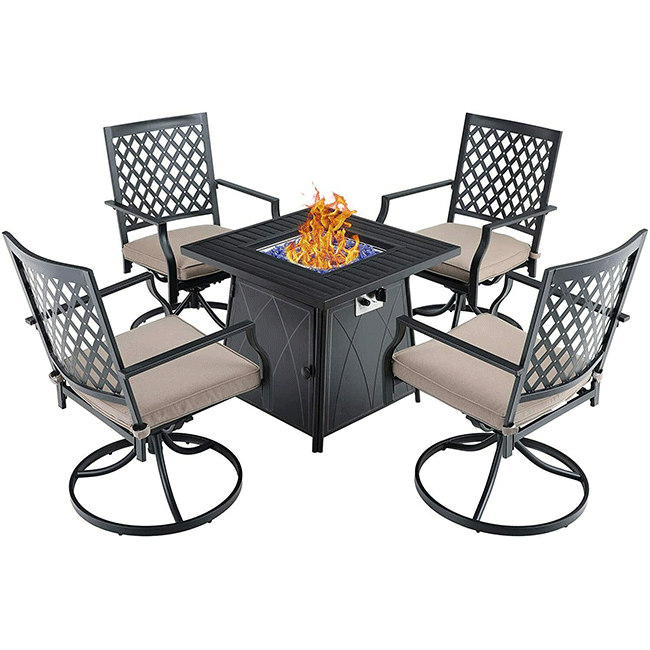 SOPHIA & WILLIAM Outdoor Gas Fire Pit Table Set W/ Cushioned Swivel Dining Chairs, 5PCS - SAKSBY.com - Full View