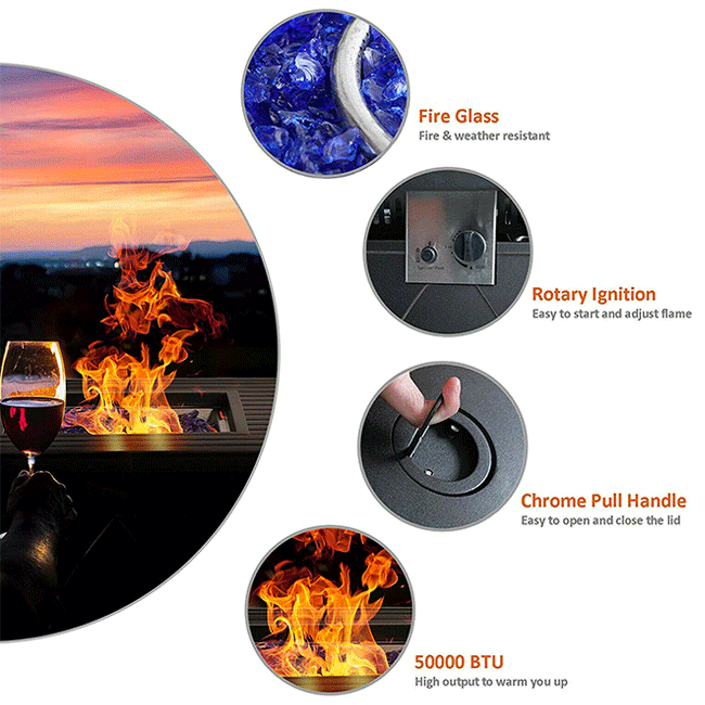 SOPHIA & WILLIAM Outdoor Gas Fire Pit Table Set W/ Cushioned Swivel Dining Chairs, 5PCS - SAKSBY.com -Features, Text View