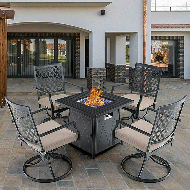 SOPHIA & WILLIAM Outdoor Gas Fire Pit Table Set W/ Cushioned Swivel Dining Chairs, 5PCS - SAKSBY.com -Demonstration View