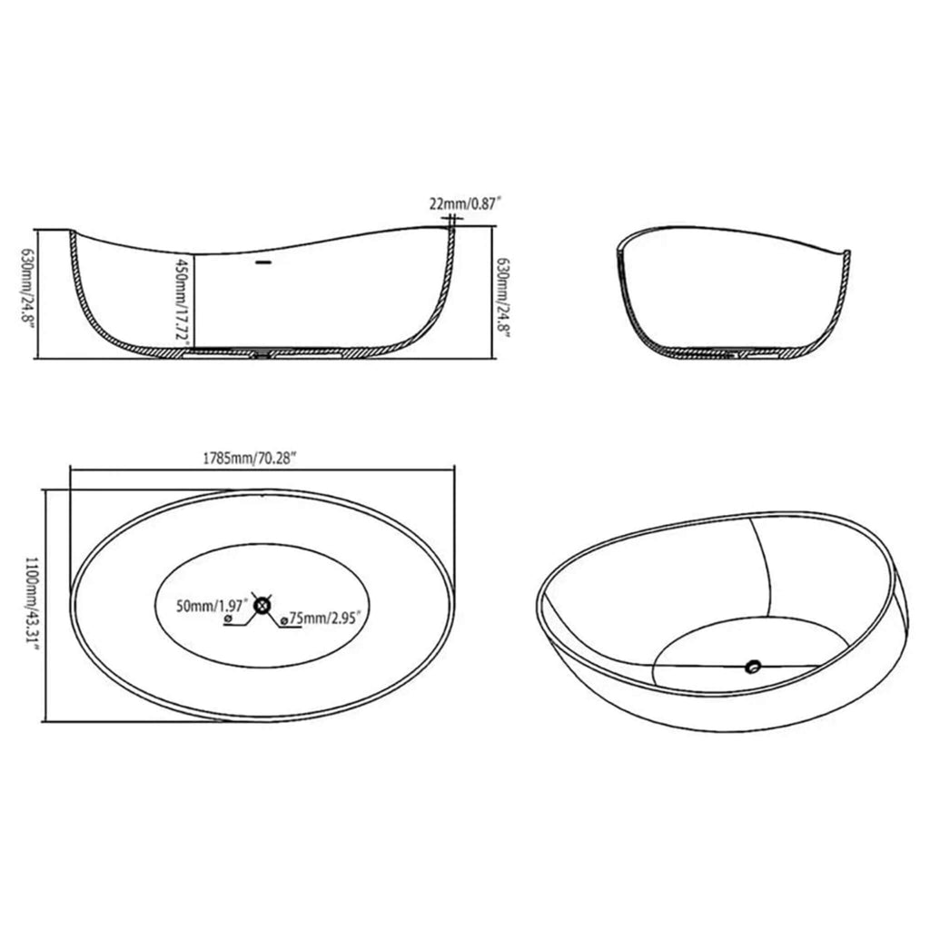 WBT Premium Freestanding Extra Large Oval Stone Besin Soaking Bathtub, 71" (SAK80751) - Saksby Wholesale - Dimension View