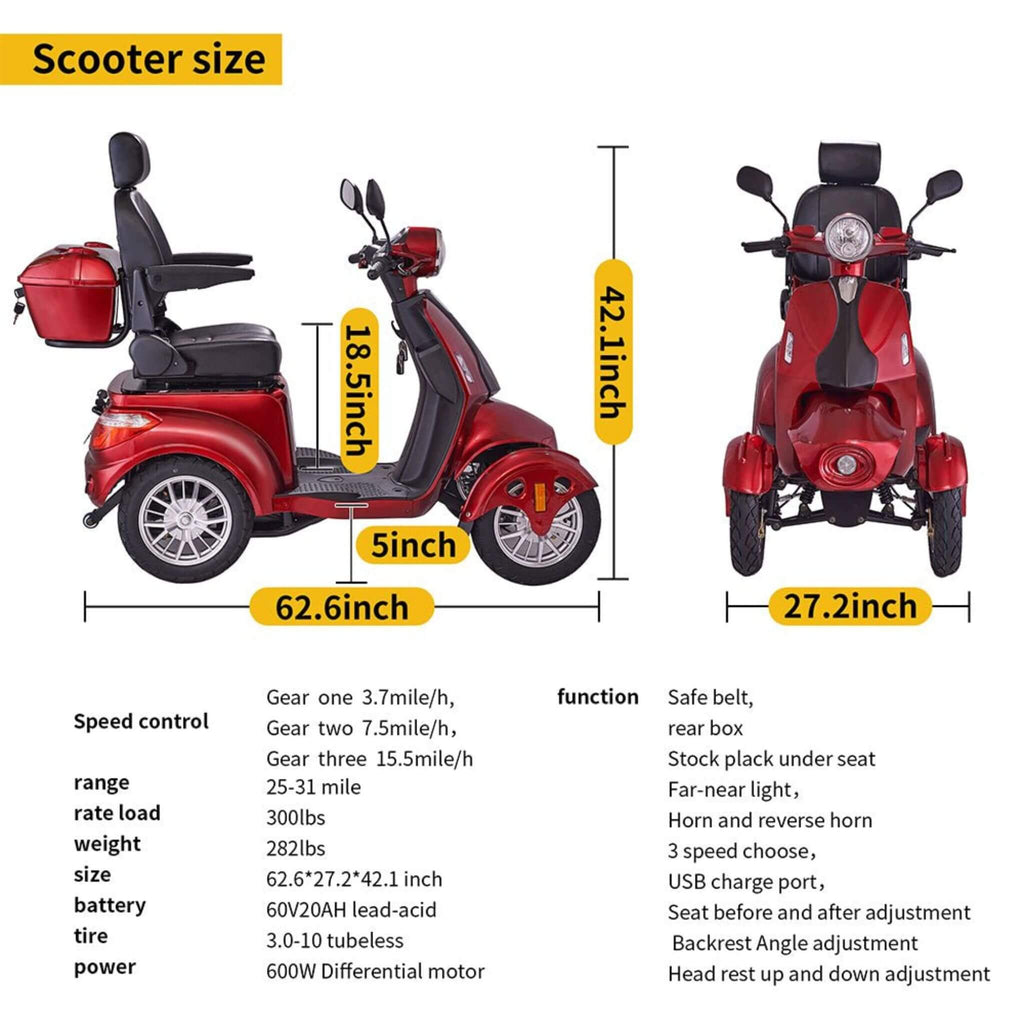 Zvg 600W 60V/20AH Four-Wheel Electric Elderly Handicap Adult Mobility Travel Scooter W/ Cover (SAK95716) - Saksby Wholesale - Specifications