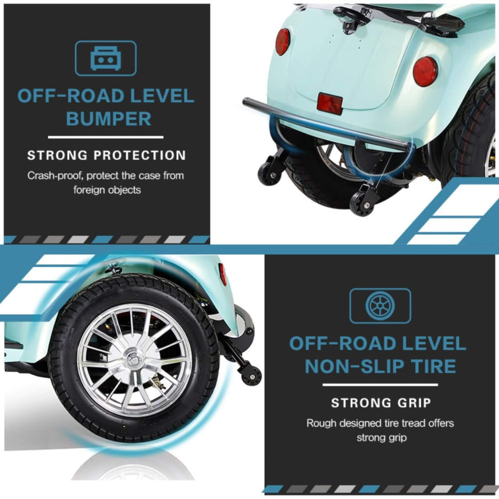 Zvg Heavy-Duty 800W 60V/20AH Four Wheel All-Terrain Travel Mobility Scooter For Adults And Seniors, 500LB (SAK97156) - Saksby Wholesale - Bumper And Tire Details