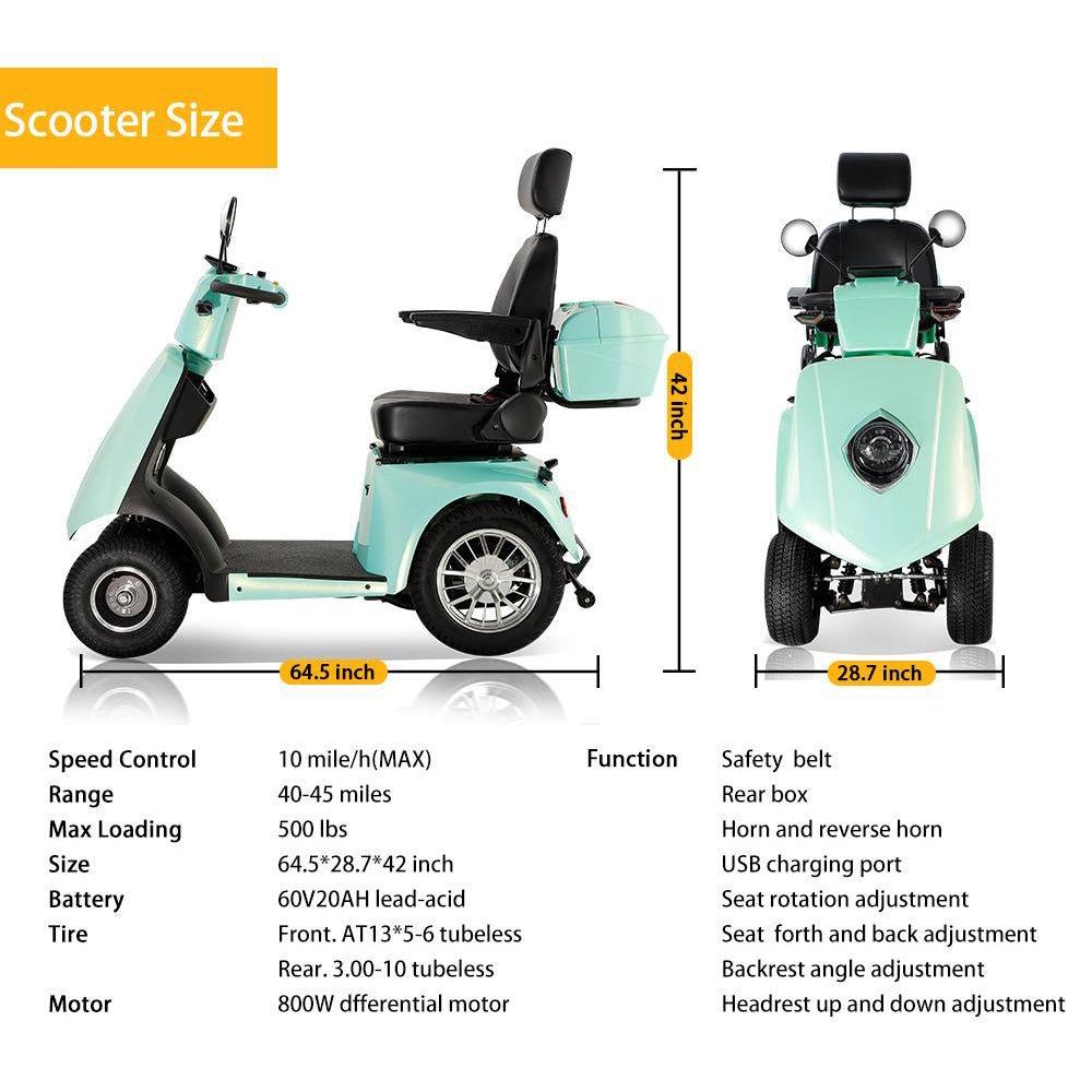 ZVG Heavy Duty 800W 60V/20AH 4-Wheel Elderly Handicap Adult Mobility Power Travel Scooter, 500LBS () Specifications View